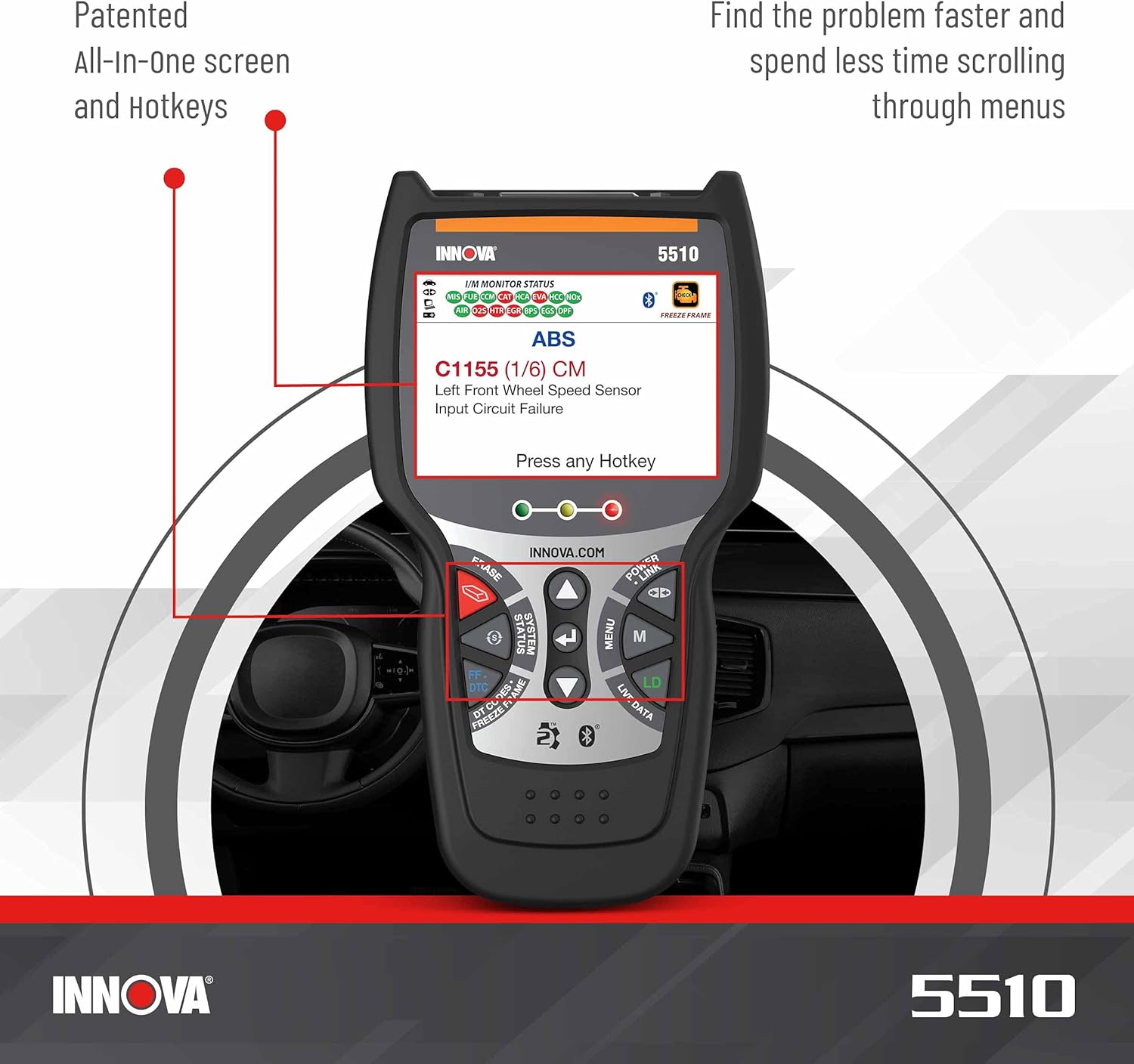 INNOV 551 OBD Scanner Sca Too fo ABS Al Syste Scanner Calipe Service Brak Pa Life Read/Eras ABS/SR Codes Rese Oi Light Liv Data Update Included