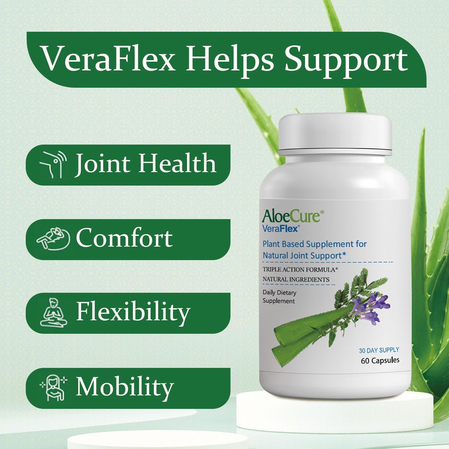 AloeCure VeraFlex Natural Joint Health, 60 Capsules, Clinically Tested Natural Plant-Based Formula to Support Comfort, Mobility and Flexibility - Featuring Organic Aloe Vera, 3-Pack