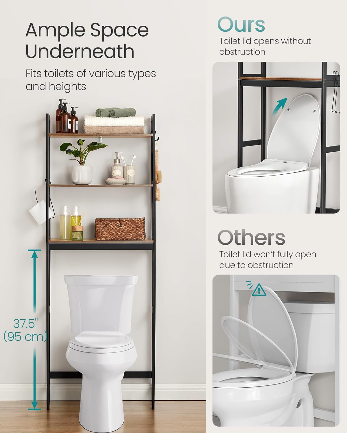 Over-The-Toilet Storage, 3-Tier Bathroom Organizer Over Toilet with Adjustable Shelves, Hooks, Bamboo, Freestanding Space Saver Bathroom Shelves, Rustic Brown and Ink Black UBTS012B01