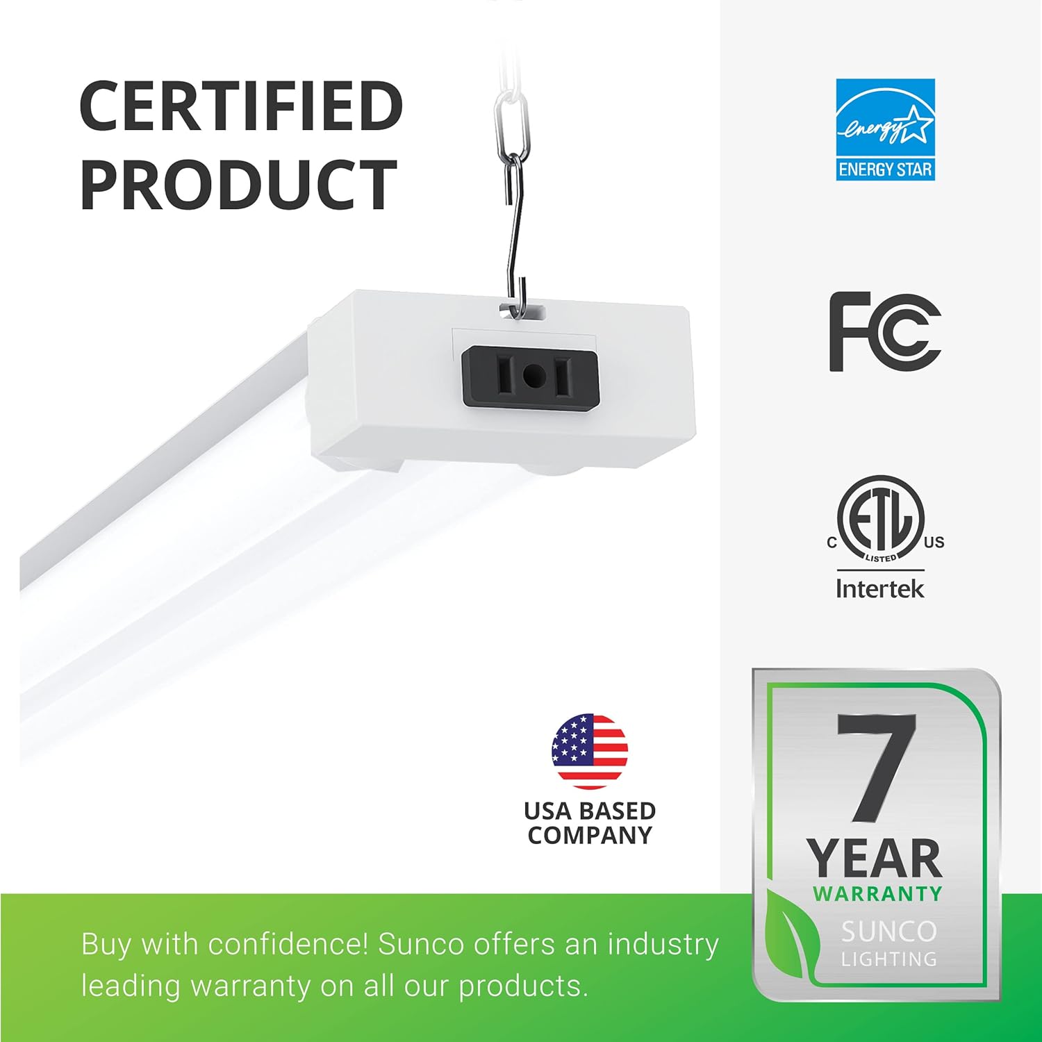Sunc 1 Pac 40W=260 LE Sho Ligh fo Worksho Garag 4FT Plu i Froste Len Linkabl Utilit Industria Fixture 5000 Daylight 410 Lumen Non-Dimmable Hanging Pul Chai ETL