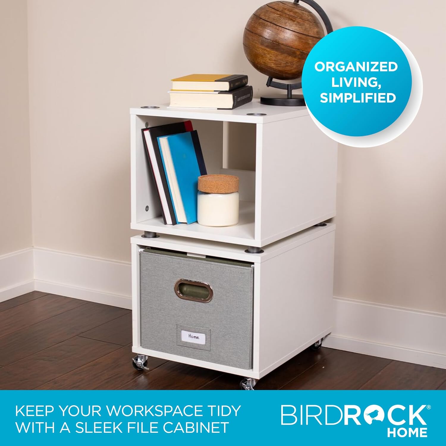 BIRDROCK HOME Rolling File Cabinet ¨C Decorative Storage Shelf w/Removable Bins, Handles, and Wheels ¨C Organize Files, Books, Toys, Under Desk Office Solution, Modern Design - 2 Lateral Drawers, White