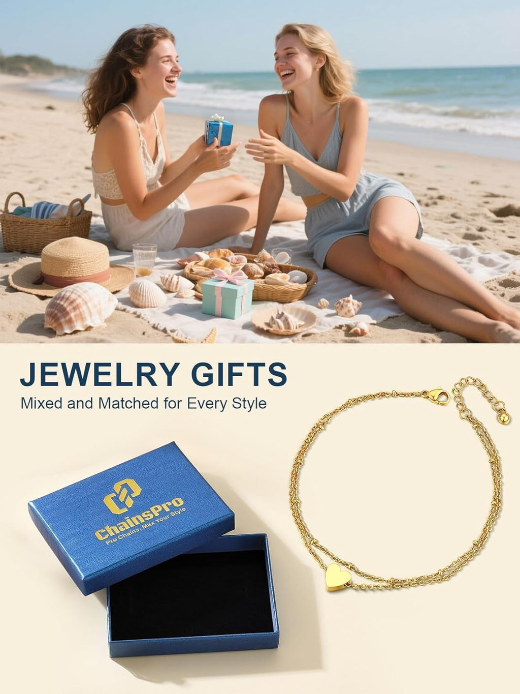 ChainsPro Womens S925 Sterling Silver Adjustable Anklet, Heart/Moon/Handcuff Ankle Bracelet,Summer Foot Jewelry, Stainless Steel/Gold Plated(Send Gift Box)
