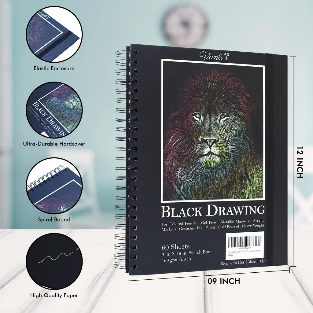 Vanli' Hardcove Blac Pape Sketchboo 1 Pac Bal Poin Ge Pen Se  Whit 1 Colorfu Pen fo Drawing Sketching Journaling 9inc 12inc Spira Bound Aci Fre Blac Ar Paper