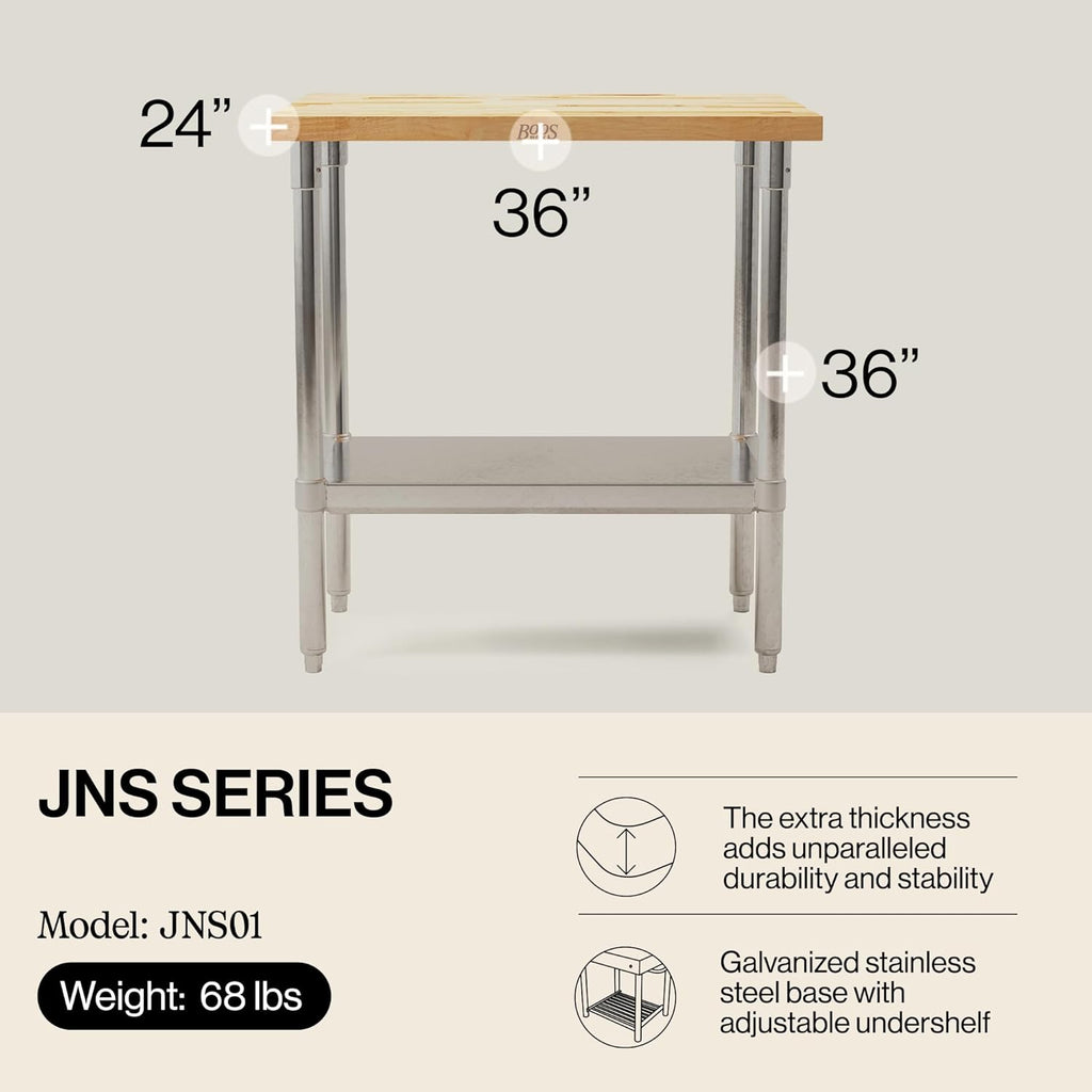 John Boos Maple Wood Top Work Table, 36¡±x24¡±x36¡± ¨C 1.5¡± Thick Tabletop, 68-lb Kitchen Station with Wooden Edge-Grain Table & Steel Base, & Adjustable Shelf