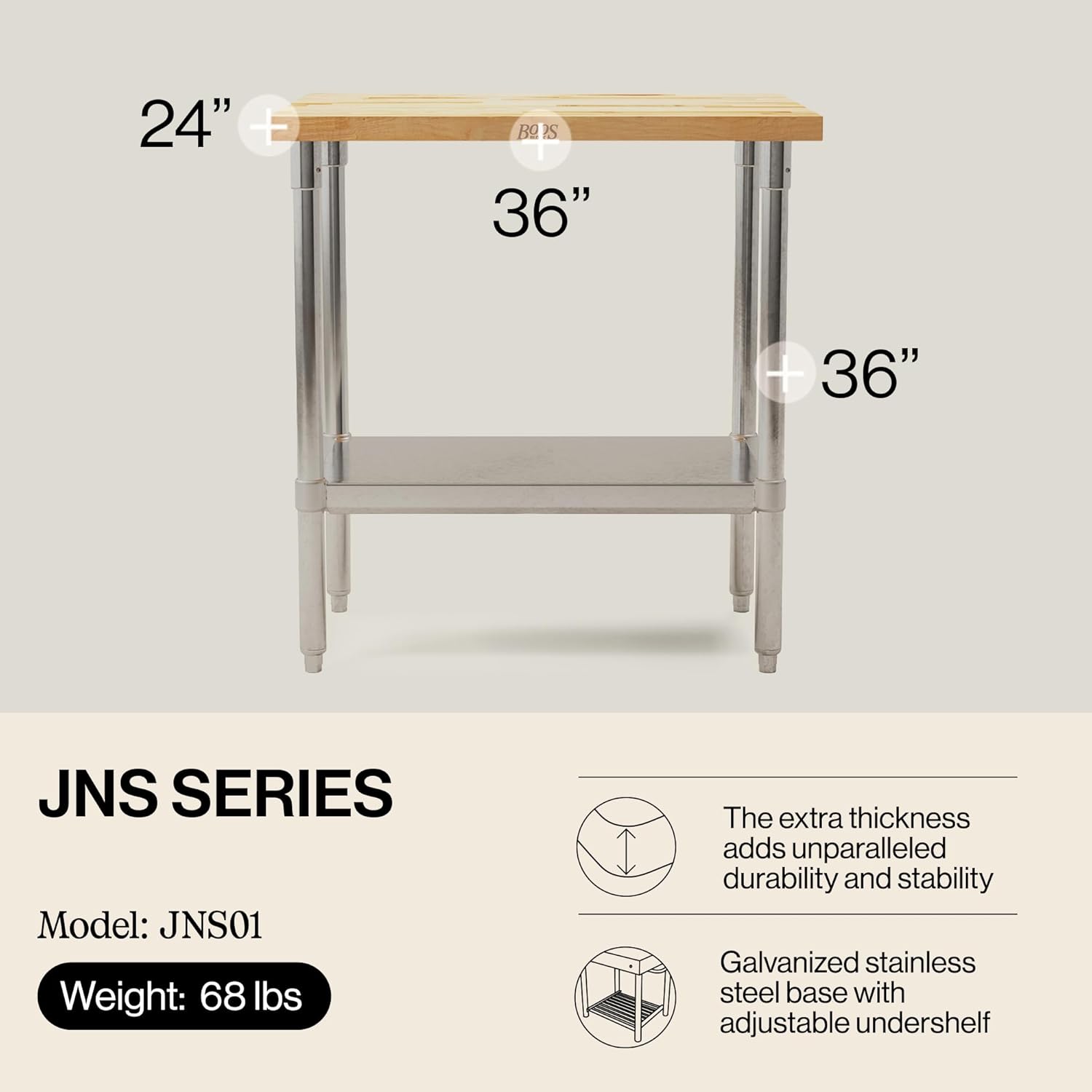 John Boos Maple Wood Top Work Table, 36¡±x24¡±x36¡± ¨C 1.5¡± Thick Tabletop, 68-lb Kitchen Station with Wooden Edge-Grain Table & Steel Base, & Adjustable Shelf
