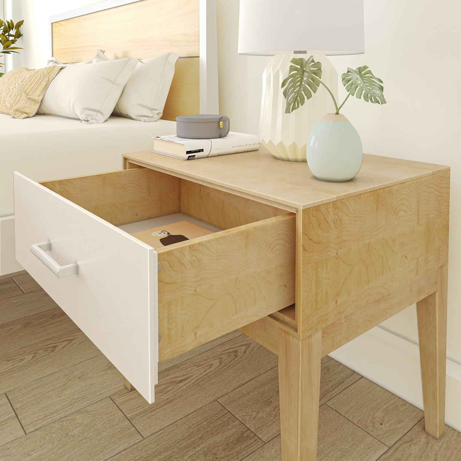 Plank+Beam Duo Wood Nightstand with 1 Drawer, Wooden Side Table for Bedroom Storage, Bedside End Table, White/Birch