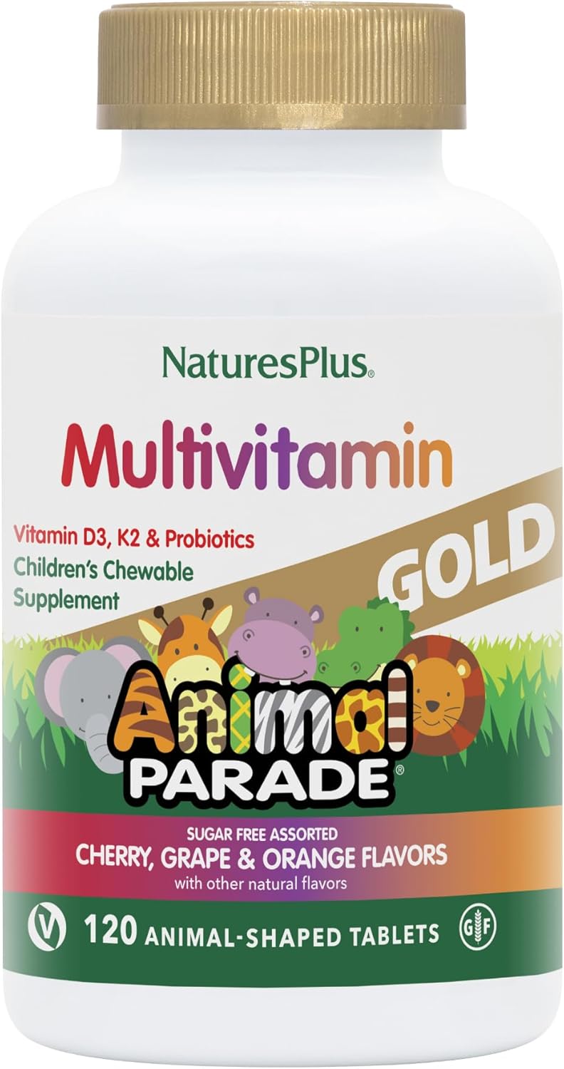 Nature Plu Anima Parad Gol Children' Multivitami Assorte Cherry Orang Grap Flavor 12 Chewabl Animal-Shape Tablet Vegetarian Glute Fre 6 Servings