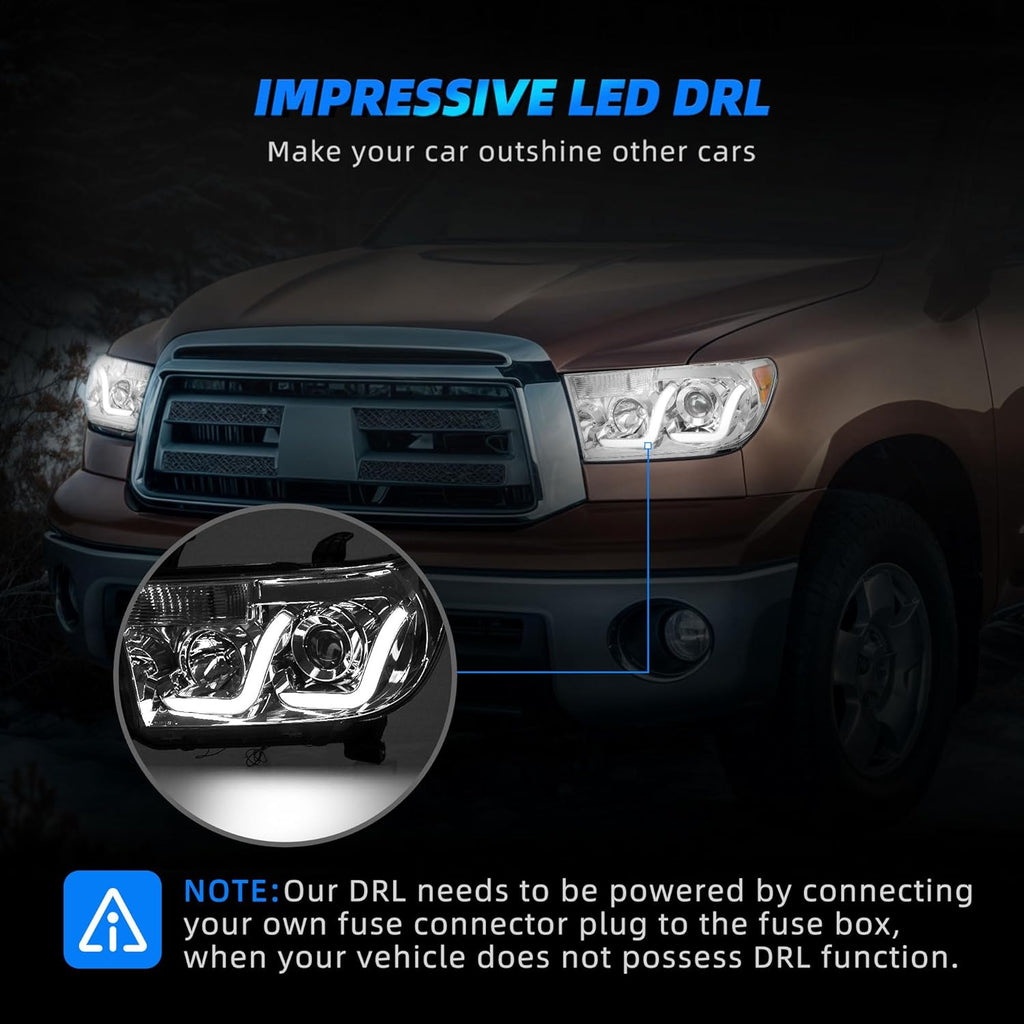 AUTOSAVER88 LED DRL Headlights Assembly Compatible with 2007-2013 Toyota Tundra / 2008-2017 Sequoia Headlamp Replacement Pair Set with Daytime Running Light Chrome Housing Amber Reflector