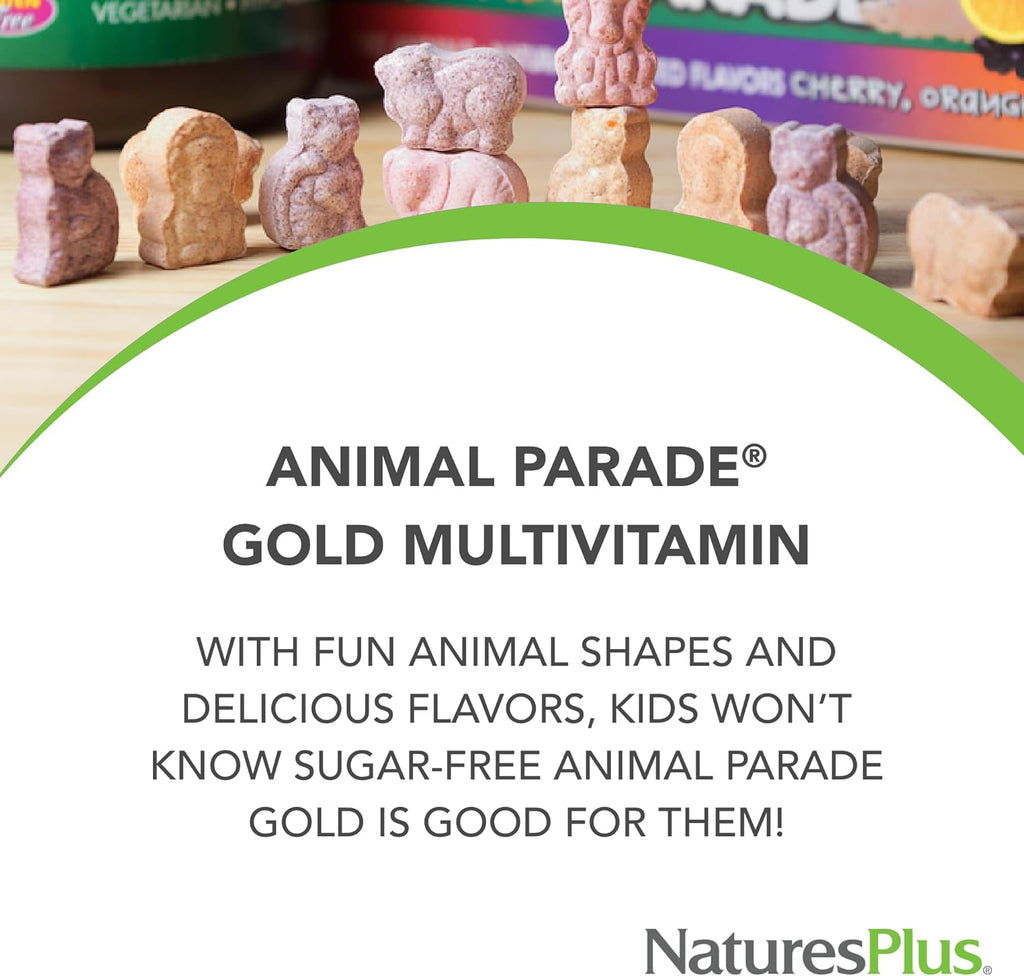 Nature Plu Anima Parad Gol Children' Multivitami Assorte Cherry Orang Grap Flavor 12 Chewabl Animal-Shape Tablet Vegetarian Glute Fre 6 Servings