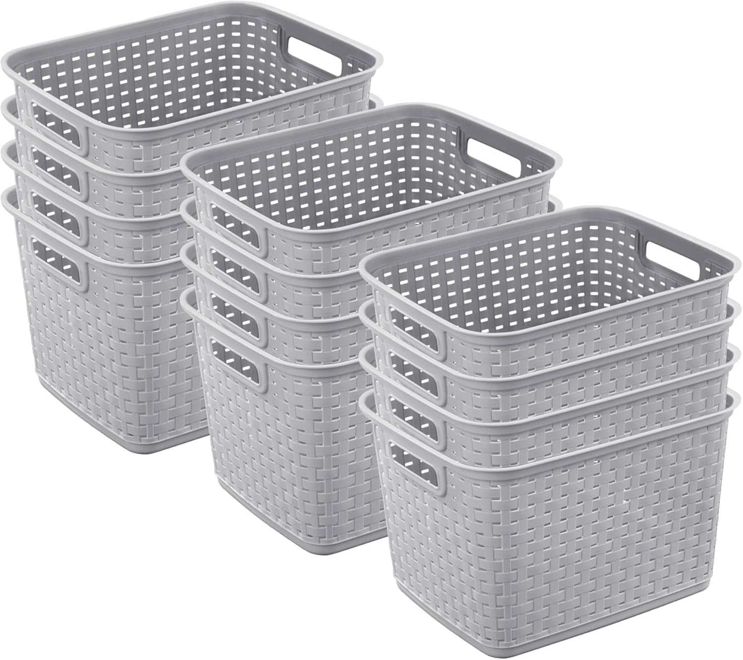 Sterilite 12-Pack Tall Weave Basket, Wicker-Style Plastic Open Storage Bin, Cement Gray - Multi-Purpose Decorative Organizer for Laundry Area, Shelves, Closets, Pantries, Living Rooms or Offices