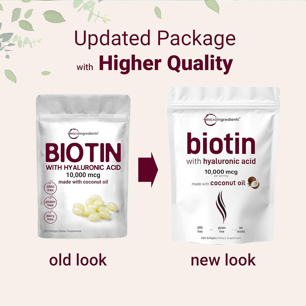 Micr Ingredient Bioti 10,000mc w/Hyaluroni Aci 25m 36 Virgi Coconu Oi Softgels Fas Release On Yea Supply Support Health Hair Ski Nails Non-GM N Gluten