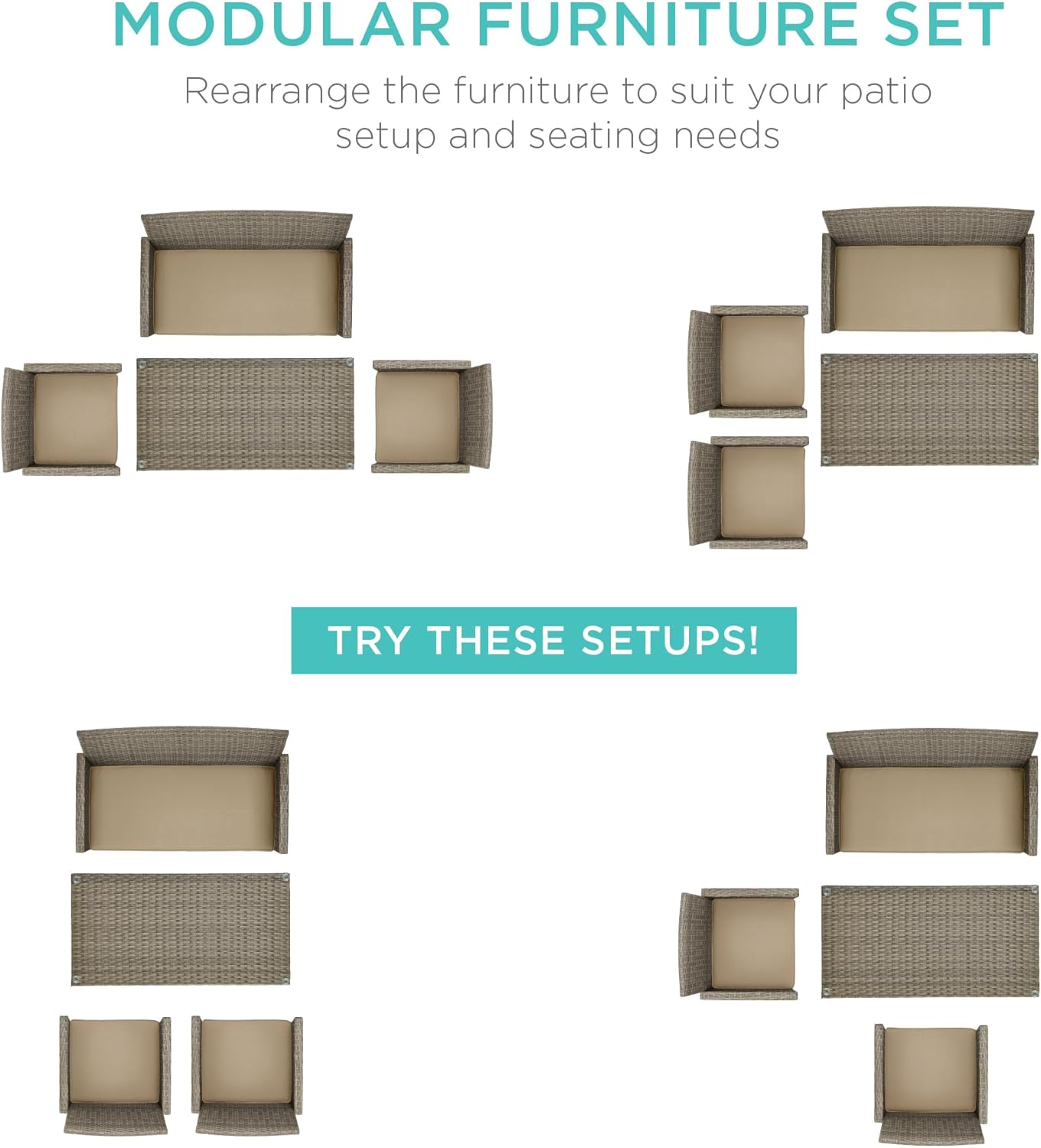 Best Choice Products 4-Piece Outdoor Wicker Patio Conversation Furniture Set for Backyard w/Coffee Table, Seat Cushions - Taupe/Desert