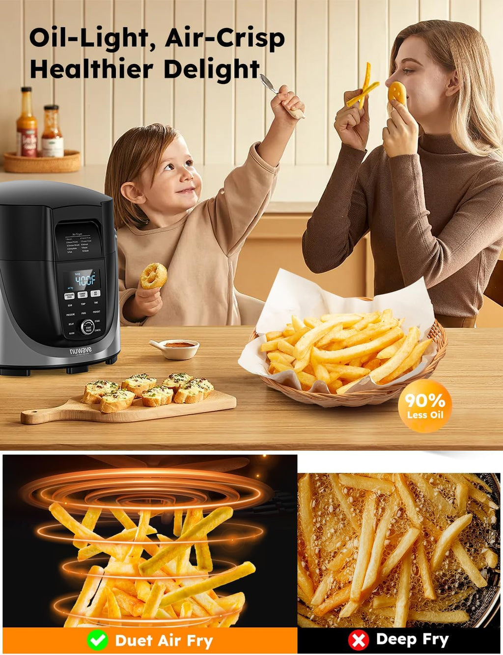 Nuwave Duet Air Fryer, Electric Pressure Cooker & Grill Combo, 540 IN 1 Multicooker with 3 Removable Lids, Slow Cook, Saut¨¦s, Dehydrator, 18/10 SS Pot, Sure-Lock Safety Tech & 13 Deluxe Accessories