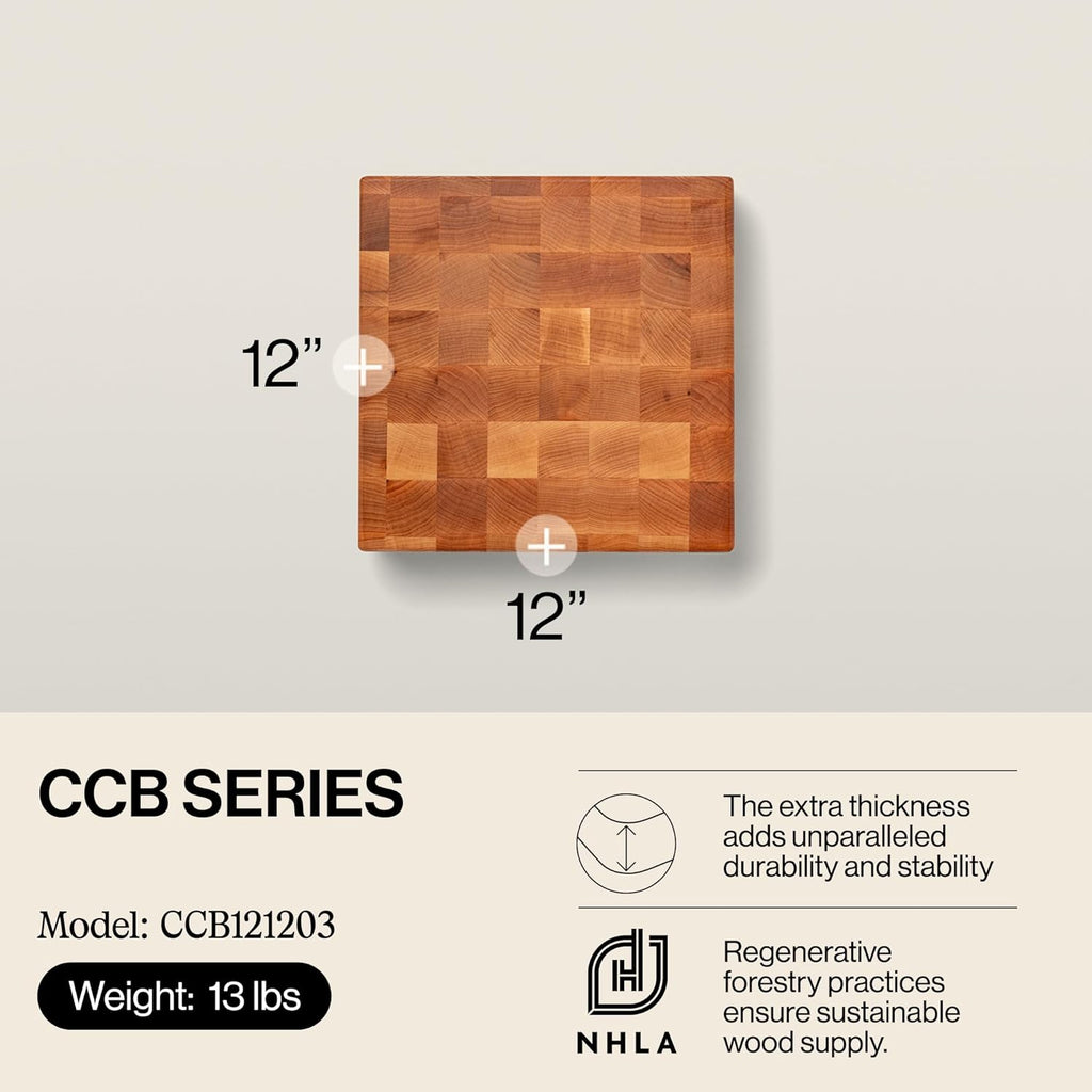 John Boos CCB Series Square Wooden Maple Cutting Board 12¡±x12¡± ¨C 3¡± Thick, 13-lb Reversible Butcher Block with End-Grain & Finger Grips ¨C Made in the USA
