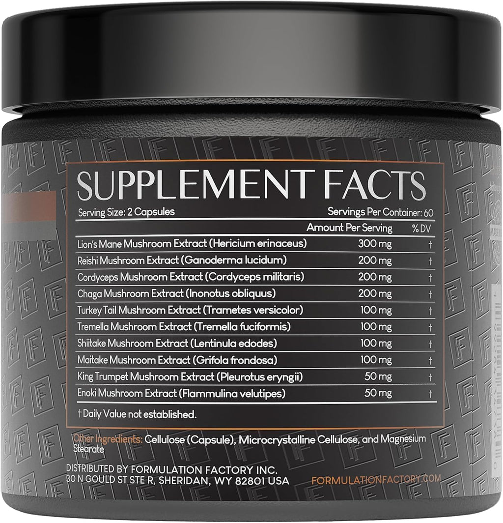 Formulation Factory Shroom Vroom: 10-in-1 Mushroom Supplement, Lion¡¯s Mane, Reishi, Cordyceps, Chaga, Turkey Tail, Tremella, Shiitake, Maitake, King Trumpet & Enoki 240 Count (Pack of 2)