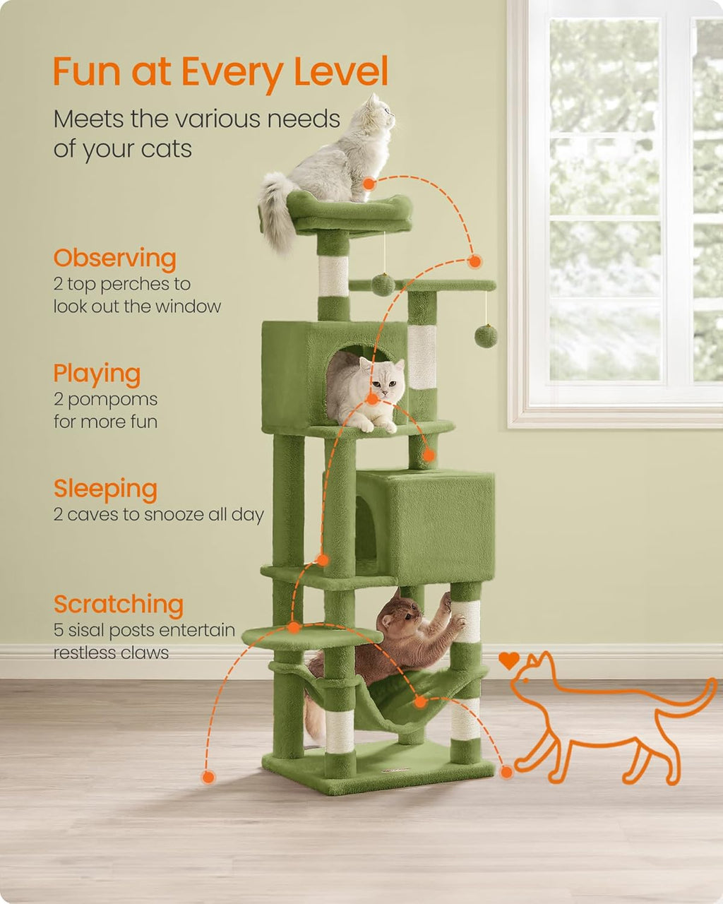 Cat Tree, 61-Inch Cat Tower for Indoor Cats, Plush Multi-Level Cat Condo with 5 Scratching Posts, 2 Perches, 2 Caves, Hammock, 2 Pompoms, Grass Green UPCT192C02