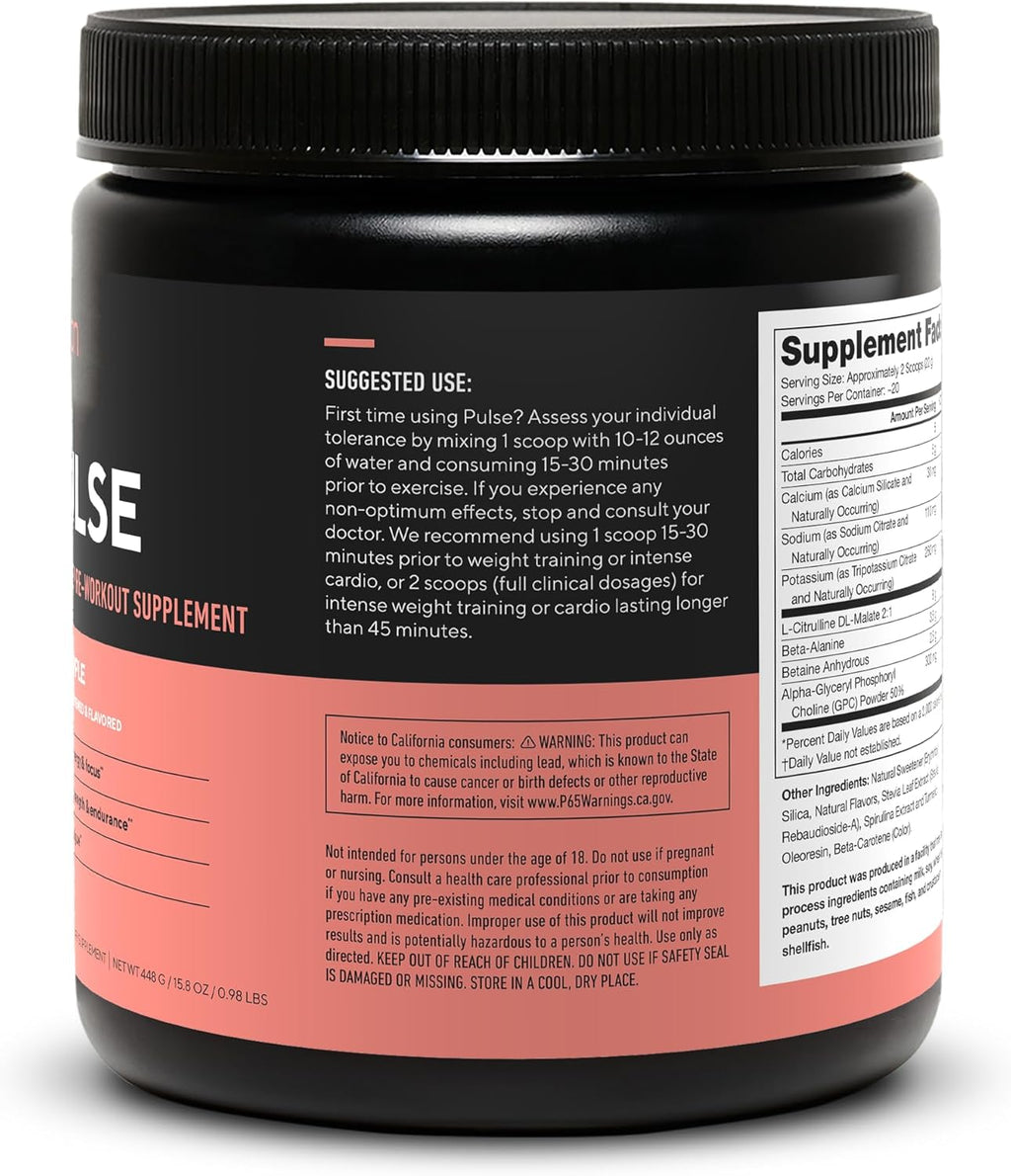 LEGION Pulse Pre Workout Supplement - All Natural Nitric Oxide Preworkout Drink to Boost Energy, Creatine Free, Naturally Sweetened, Beta Alanine, Citrulline, Alpha GPC (Caffeine Free Green Apple)