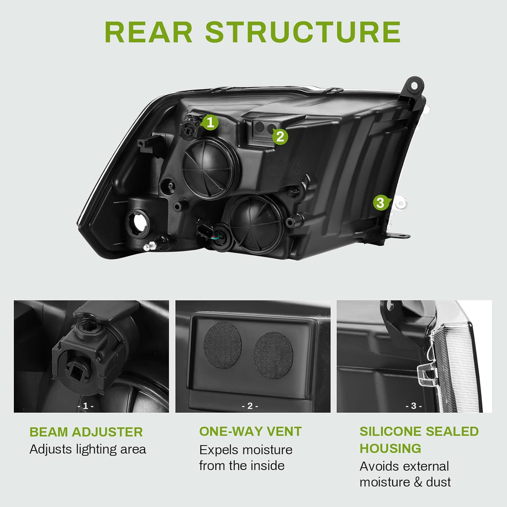 AUTOSAVER88 Headlights Assembly Compatible with 2009-2018 Dodge Ram 1500 2500 3500 Pickup / 2019-2022 Ram 1500 Classic Replacement Headlamp Black Housing (Only for Quad Models)