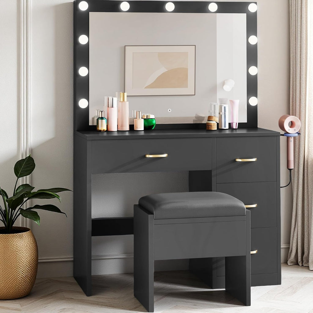 DWVO Makeup Vanity with Lighted Mirror, Dressing Table with 11 LED Bulbs & 3 Lighting Modes, Storage Drawers, Charging Ports and Soft Cushioned Stool