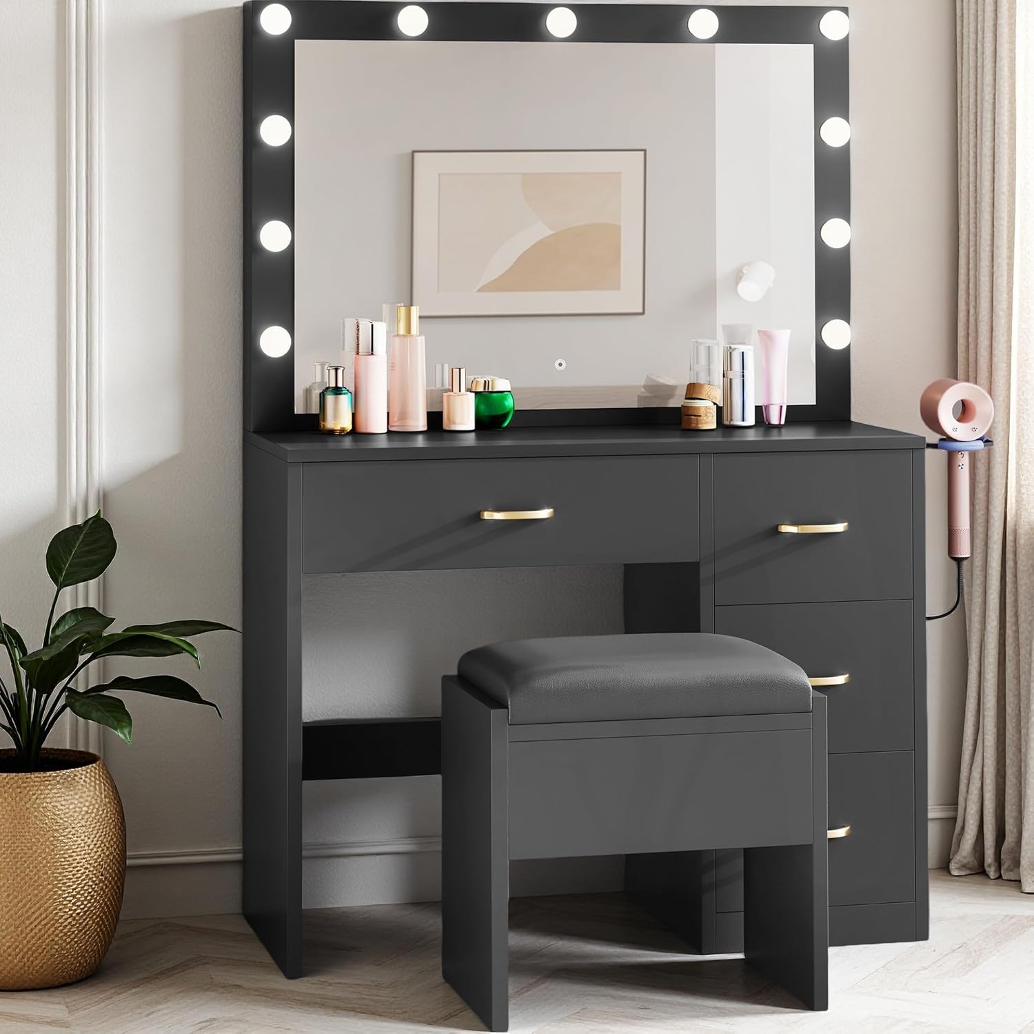 DWVO Makeup Vanity with Lighted Mirror, Dressing Table with 11 LED Bulbs & 3 Lighting Modes, Storage Drawers, Charging Ports and Soft Cushioned Stool