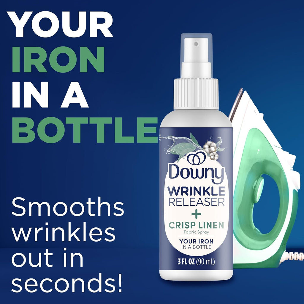 Downy Wrinkle Release Spray, Travel Size Spray, All In One Formula, Removes Wrinkles, Static and Odor Eliminator, Crisp Linen Scent, 3 Fl Oz, Pack of 3