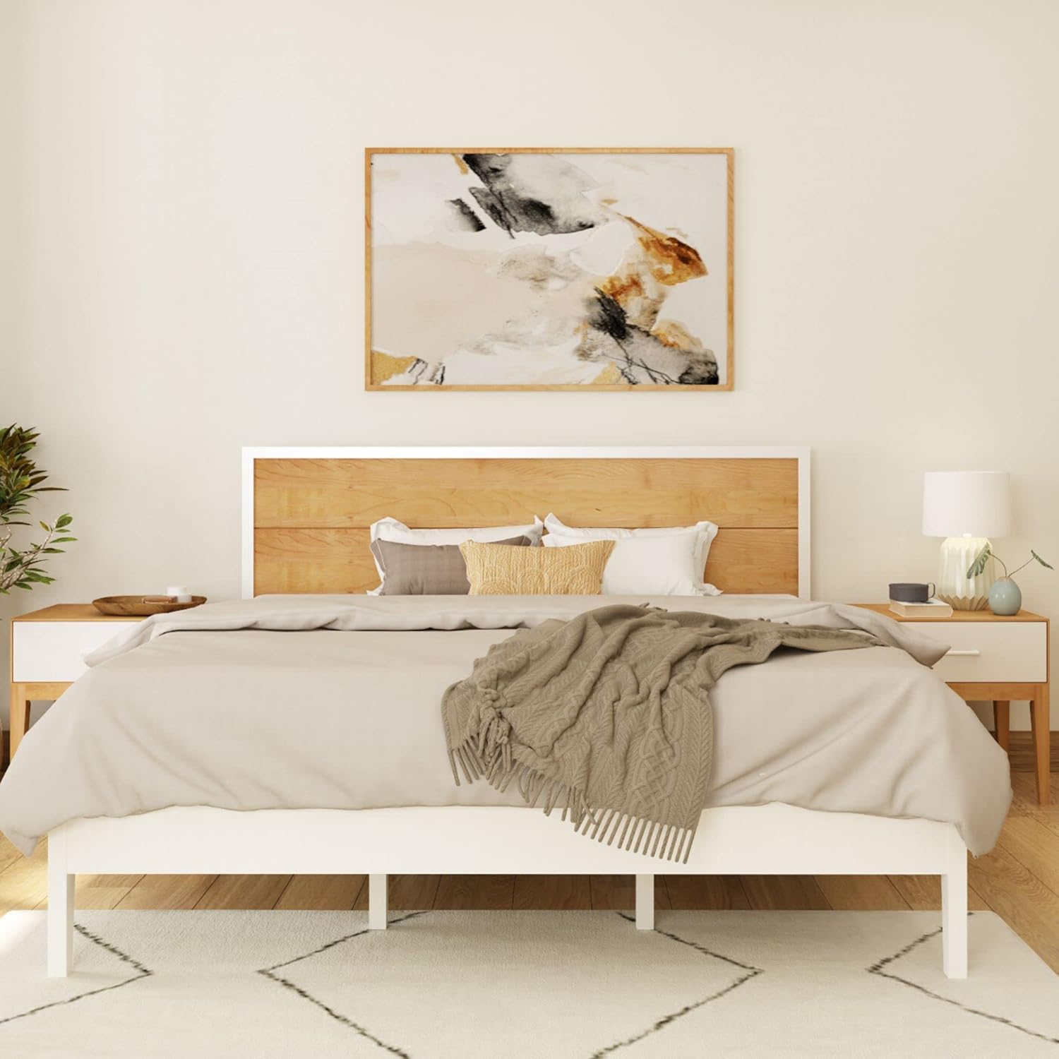 Plank+Bea Du Soli Woo Kin Be Fram wit Pane Headboard Moder Platfor Be wit Woo Sla Support N Bo Sprin Needed White/Birch