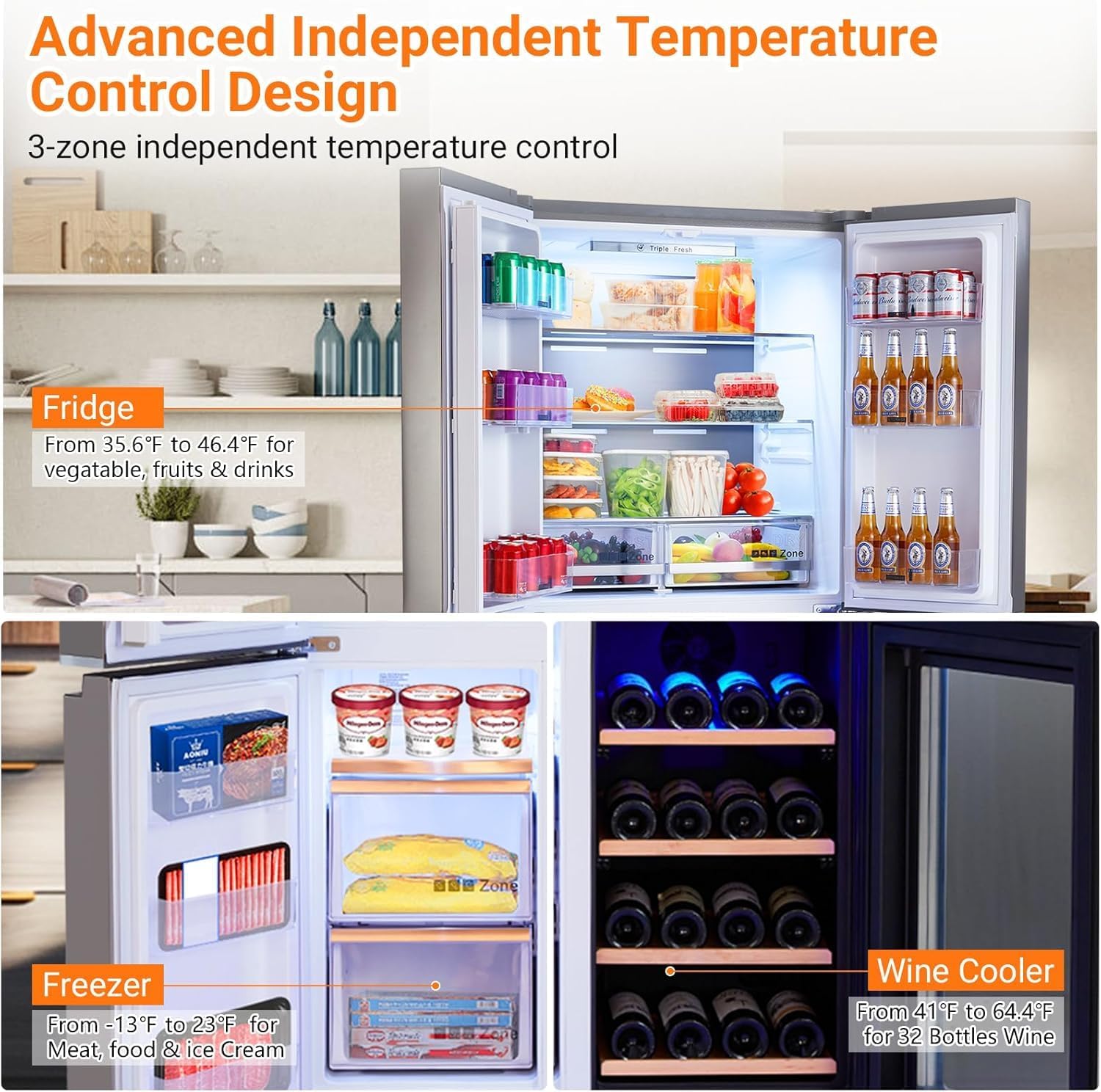 GarveeHom 3 i Frenc Doo Refrigerator 2 Cu.Ft Counte Dept Refrigerato Botto Freeze wit Win Cabinet Stainles Stee Door Fridge Kitche Freezer Adjustabl Shelves