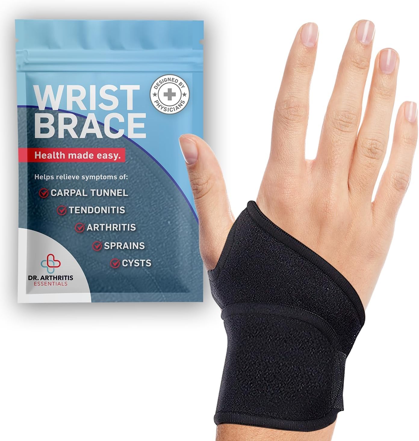 Dr. Arthritis Essentials Wrist Brace for Support & Pain Relief ¨C Adjustable Wrist Wraps for Stability & Comfort ¨C Ideal for Recovery, Work, Sports, and Everyday Use (Black Single)