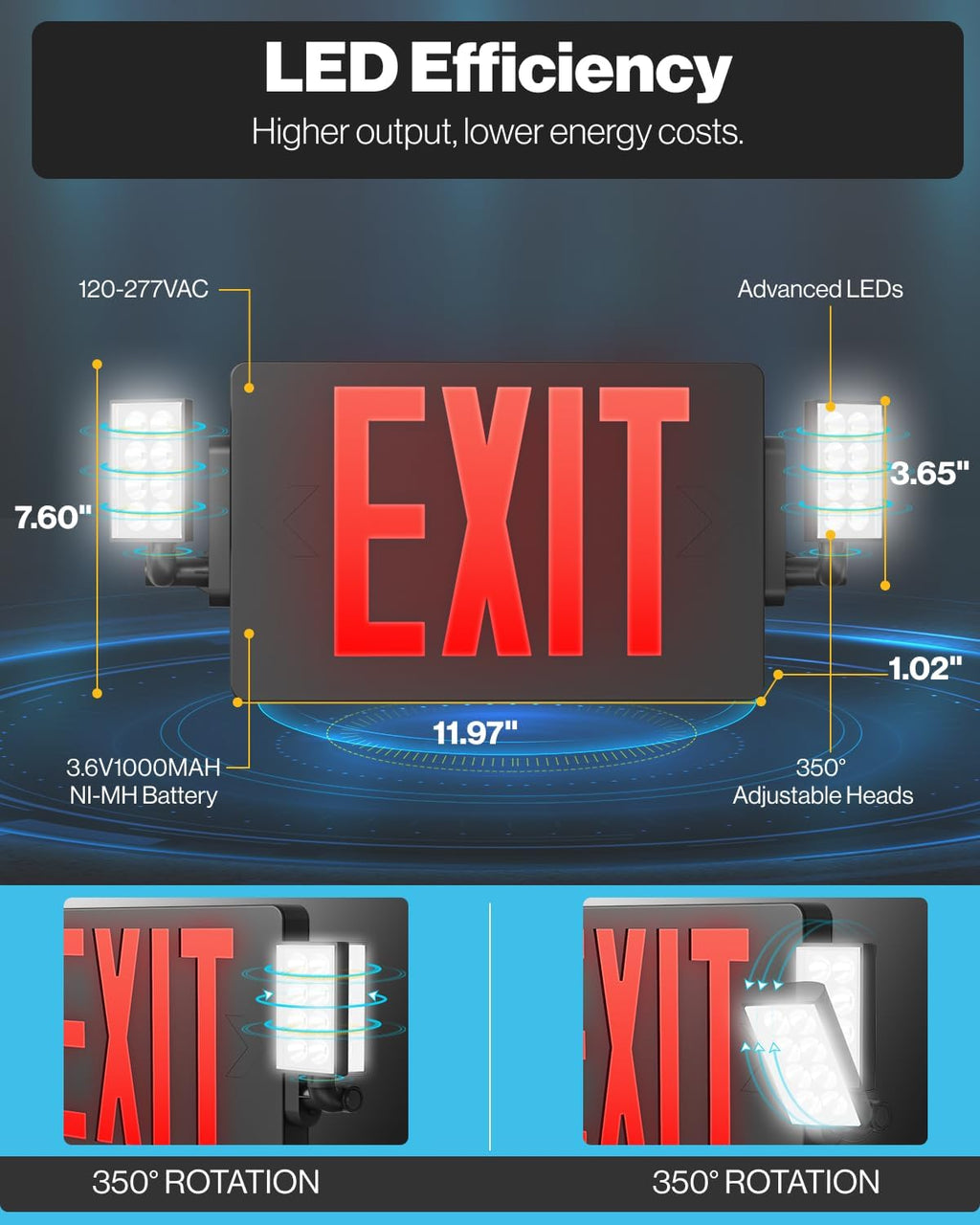 Sunco 6 Pack Black Exit Signs With Emergency Lights, Two Adjustable LED Lights, 94V-0 Fire Resistant, Backup Battery, 120-277V, Wall Or Ceiling Mount, Commercial Grade UL.
