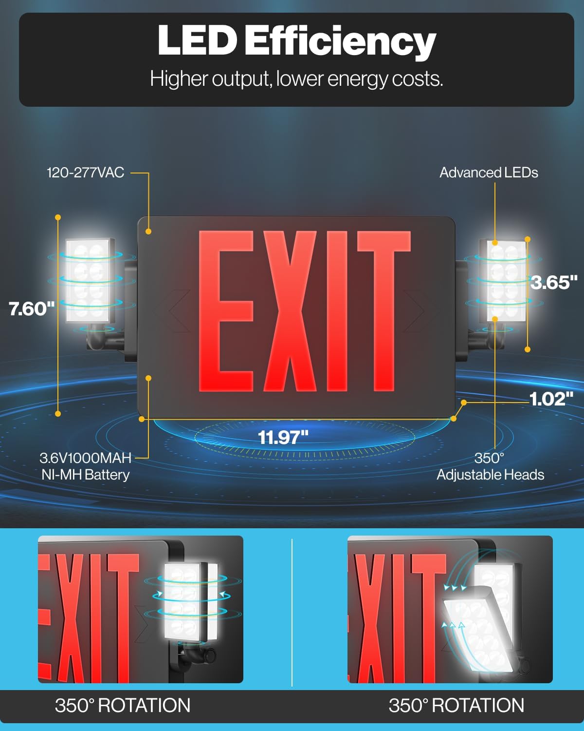 Sunco 6 Pack Black Exit Signs With Emergency Lights, Two Adjustable LED Lights, 94V-0 Fire Resistant, Backup Battery, 120-277V, Wall Or Ceiling Mount, Commercial Grade UL.