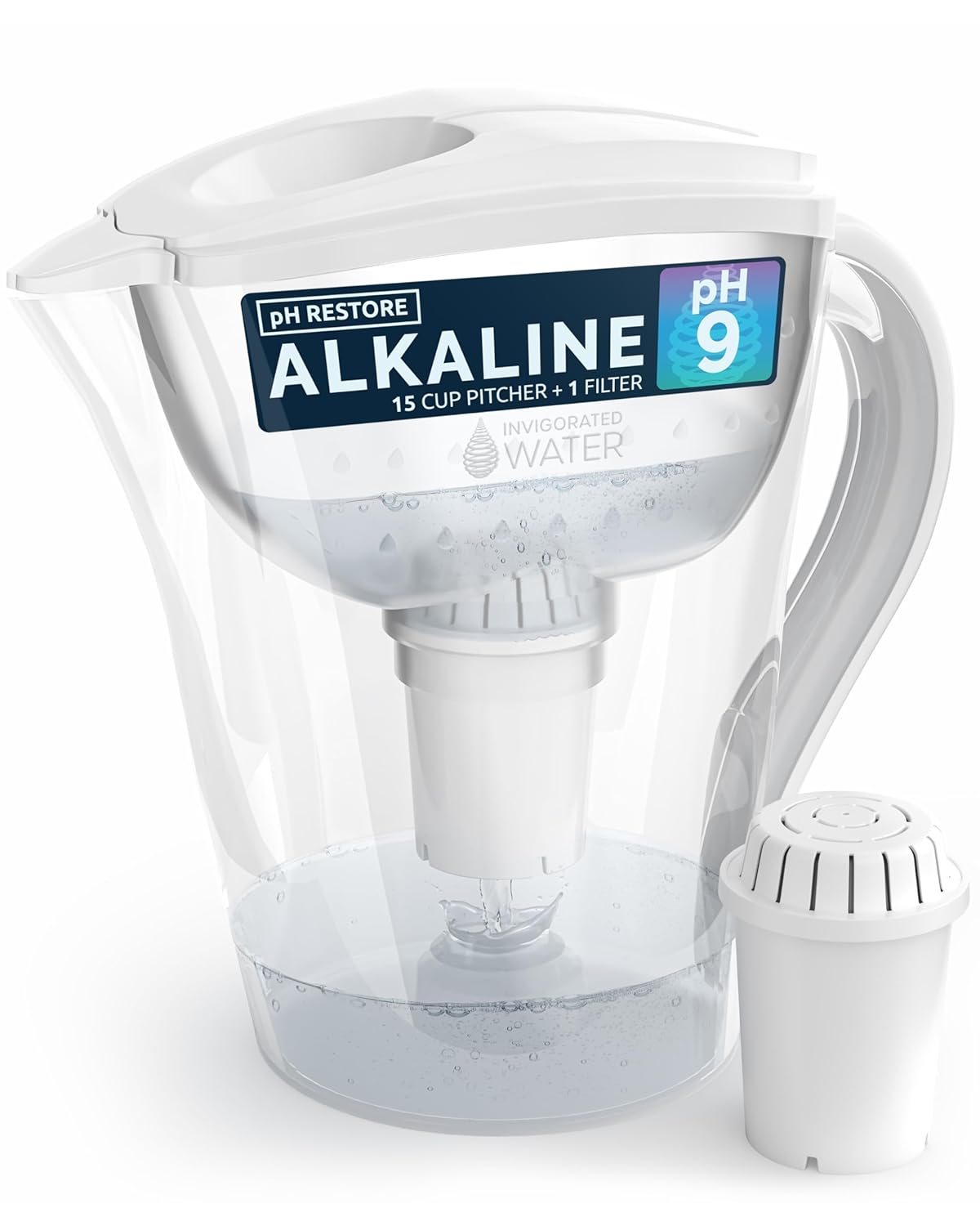 Invigorate Wate Filte Pitche wit Alkalin Filte BPA-Fre Hig p Purifier 14-Cu Capacit wit SmartLigh Filte Chang Indicator (9 Gallon Lon Filte Life