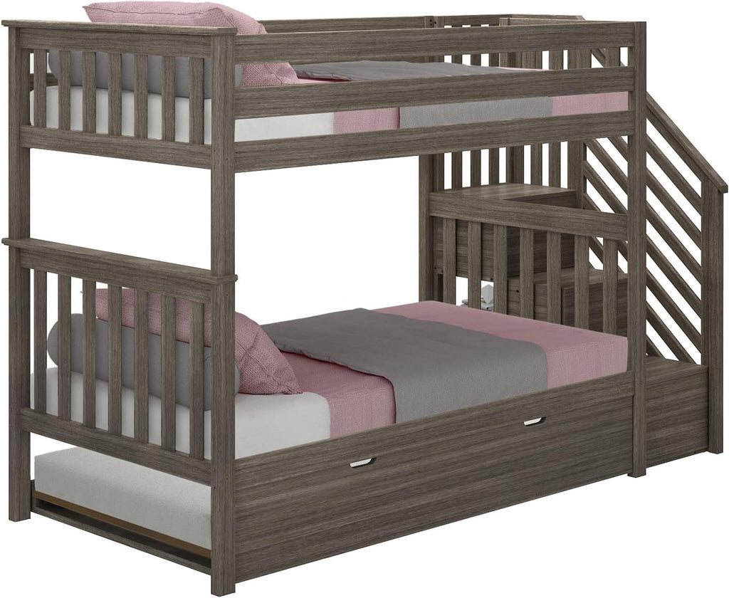 Max & Lily Bunk Bed, Twin-Over-Twin Bed Frame For Kids With Stairs and Trundle, Clay