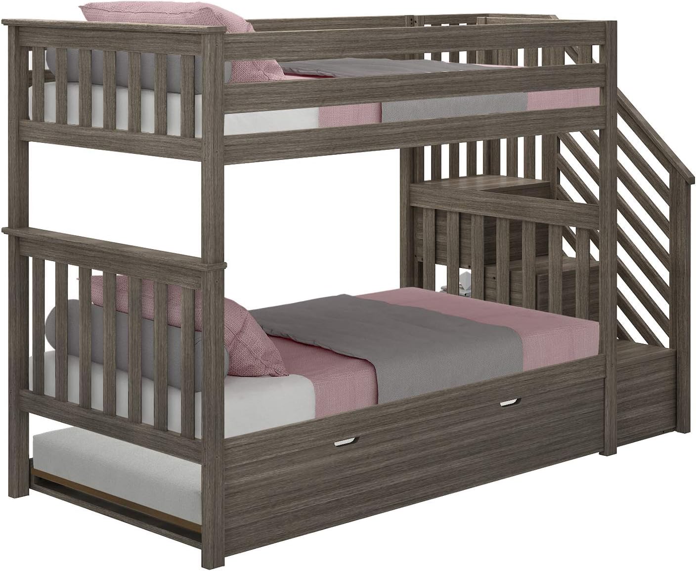 Max & Lily Bunk Bed, Twin-Over-Twin Bed Frame For Kids With Stairs and Trundle, Clay