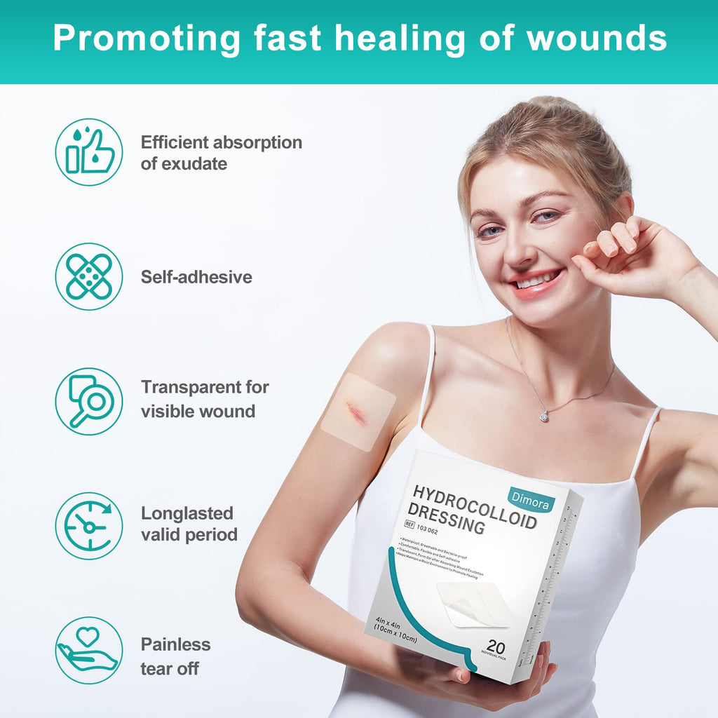 Dimora 20 Pack Hydrocolloid Wound Dressing, Ultra Thin 4inch x 4inch Large Patch Bandages with Self-Adhesive