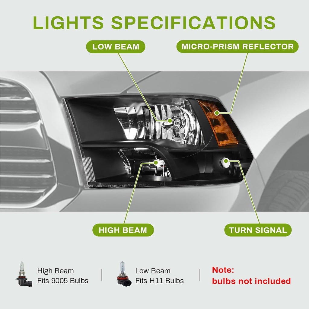 AUTOSAVER88 Headlights Assembly Compatible with 2009-2018 Dodge Ram 1500 2500 3500 Pickup / 2019-2022 Ram 1500 Classic Replacement Headlamp Black Housing (Only for Quad Models)