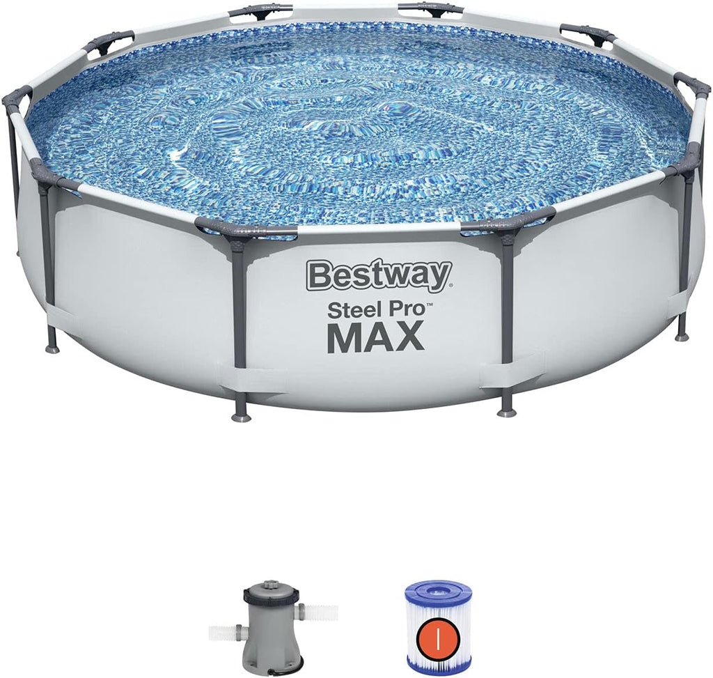Steel Pro MAX 10' x 30inch Above Ground Pool, Round Metal Frame Outdoor Swimming Pool Set with Filter Pump and Cartridge, Gray