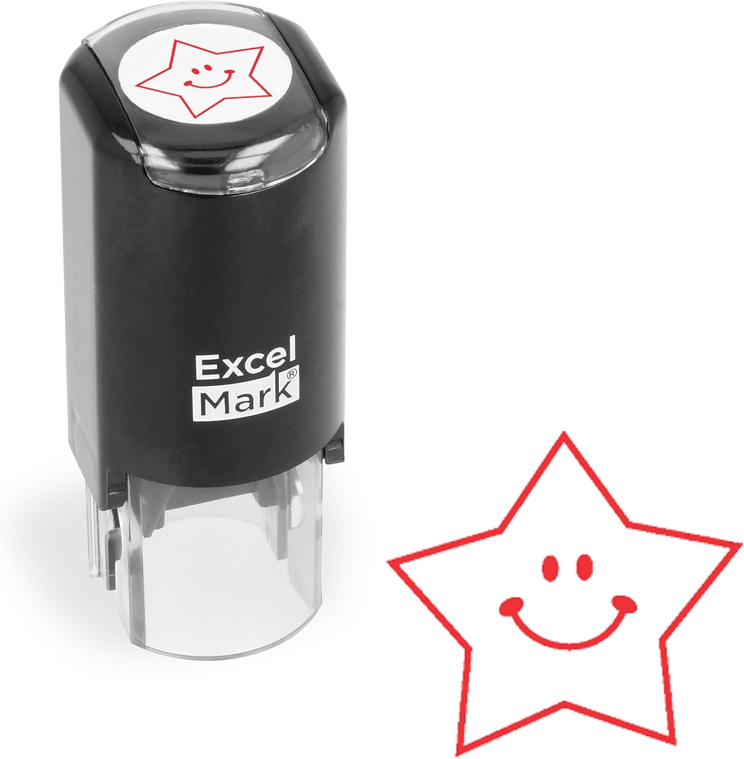 ExcelMark Round Teacher Stamp - Happy Star - RED Ink