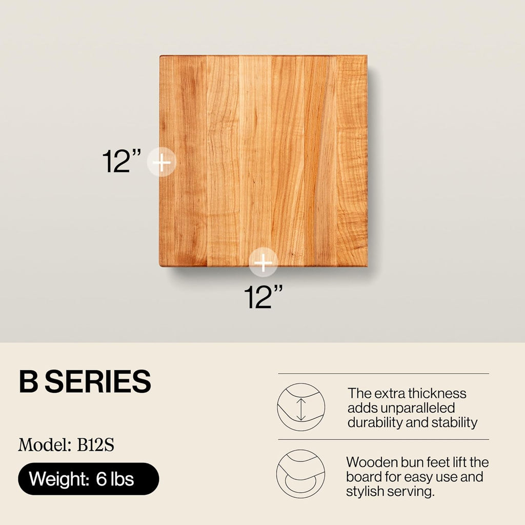 John Boos B Series Square Wooden Maple Cutting Board 12¡±x12¡± ¨C 1.5¡± Thick, 6-lb Non-Reversible Butcher Block with Wood Bun Feet & Edge-Grain