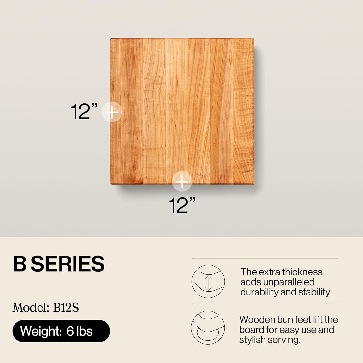 John Boos B Series Square Wooden Maple Cutting Board 12¡±x12¡± ¨C 1.5¡± Thick, 6-lb Non-Reversible Butcher Block with Wood Bun Feet & Edge-Grain