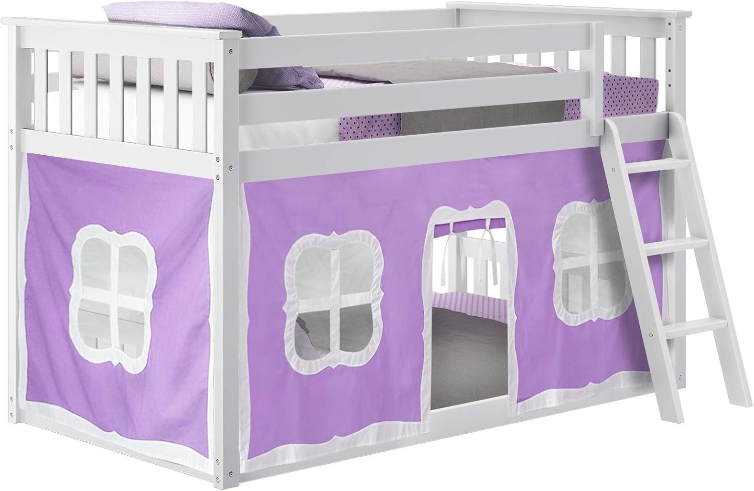 Max & Lily Low Bunk Bed, Twin-Over-Twin Bed Frame For Kids With Curtains For Bottom, White/Purple