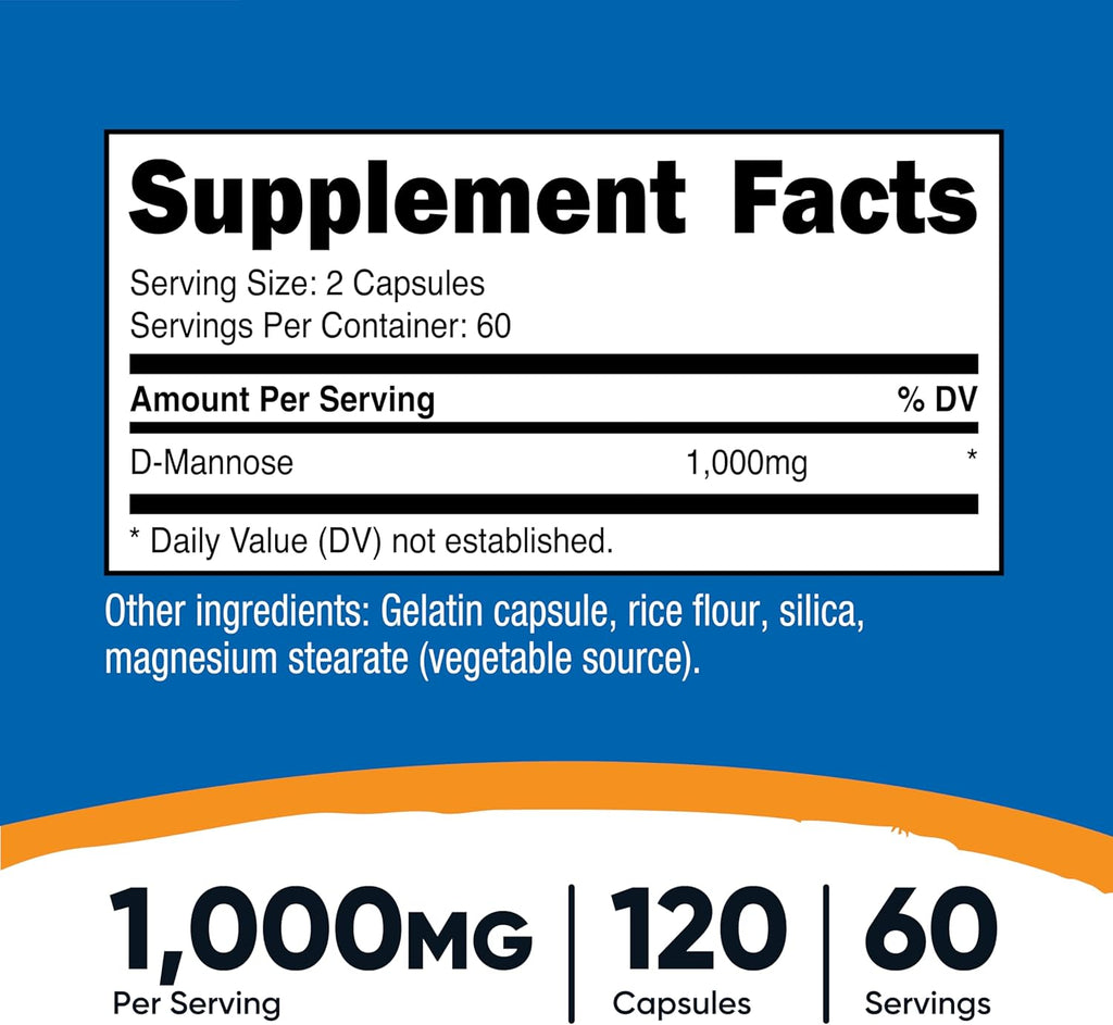 Nutricost D-Mannose 1000mg Per Serving, 120 Capsules - 500mg Per Capsule, Urinary Tract Health, Non-GMO and Gluten Free