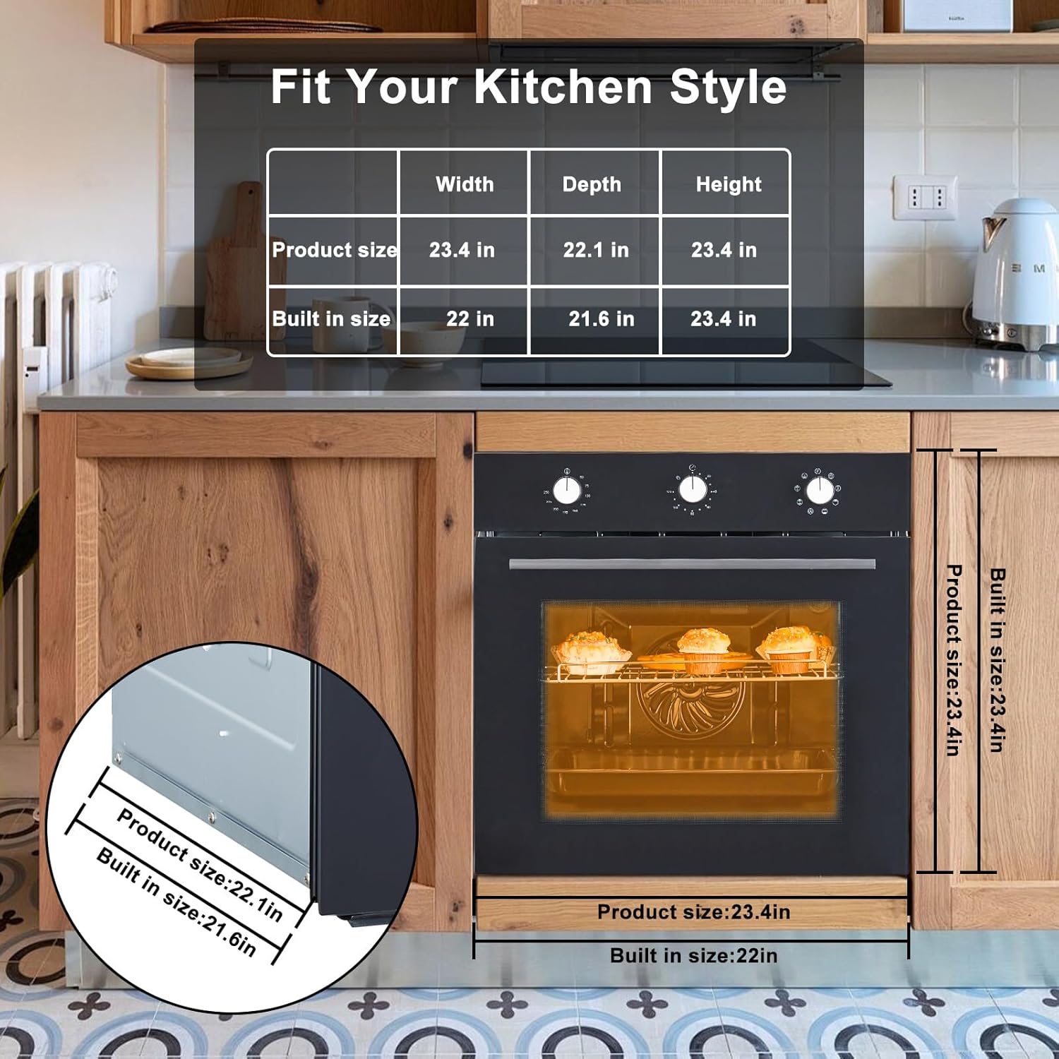 GarveeHom Singl Wal Ove 2 i Built-i Electri Oven wit Functions,Double-Laye Glas Door 3000W 240V 2.5Cu. Convectio Wal Ove i Stainles Stee fo Efficien Kitchen