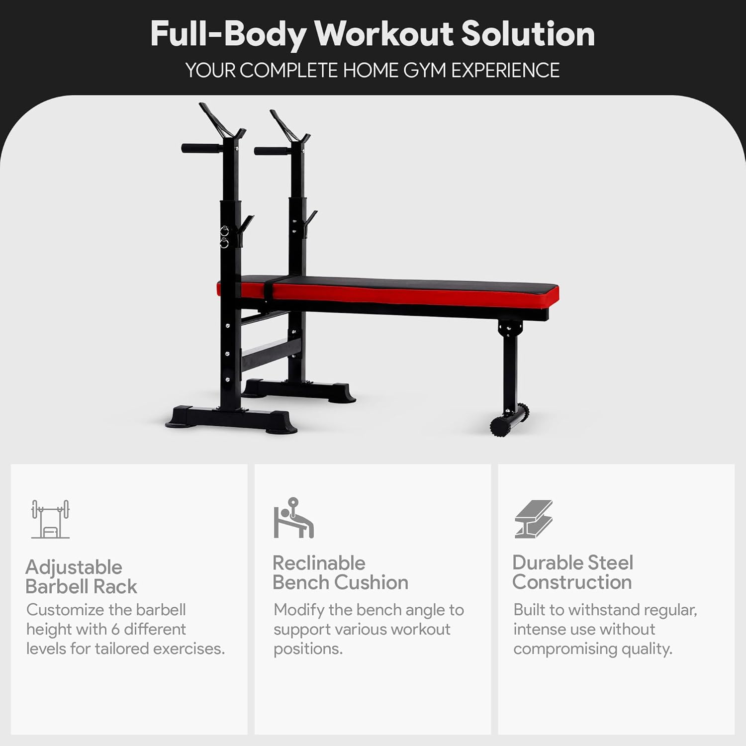 BalanceFrom Steel Weight Bench w/ Squat Rack in Multiple Colors, 400 lb User Capacity - Foldable Home Gym Equipment for Range of Workouts w/ 6-Position Barbell Holder & Adjustable Seat and Recliner