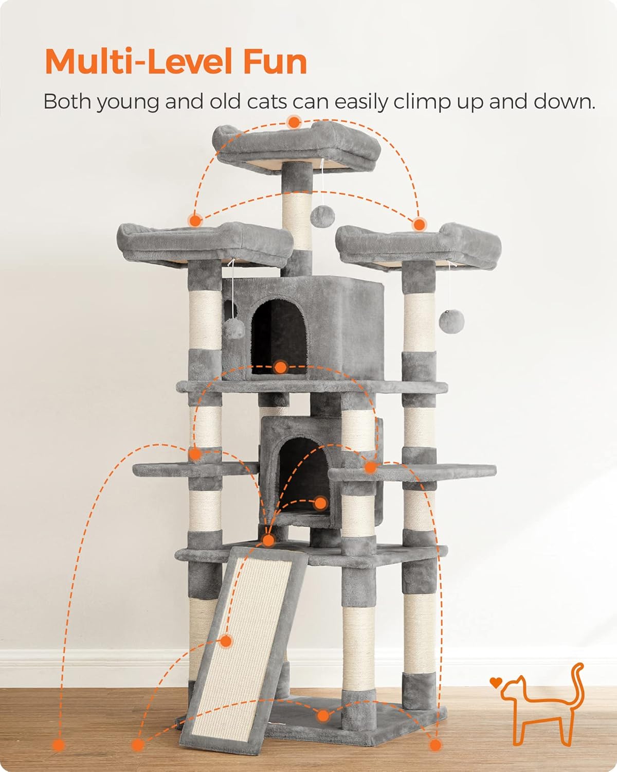 67 Inches Multi-Level Cat Tree for Large Cats, with Cozy Perches, Stable, Light Gray UPCT18W