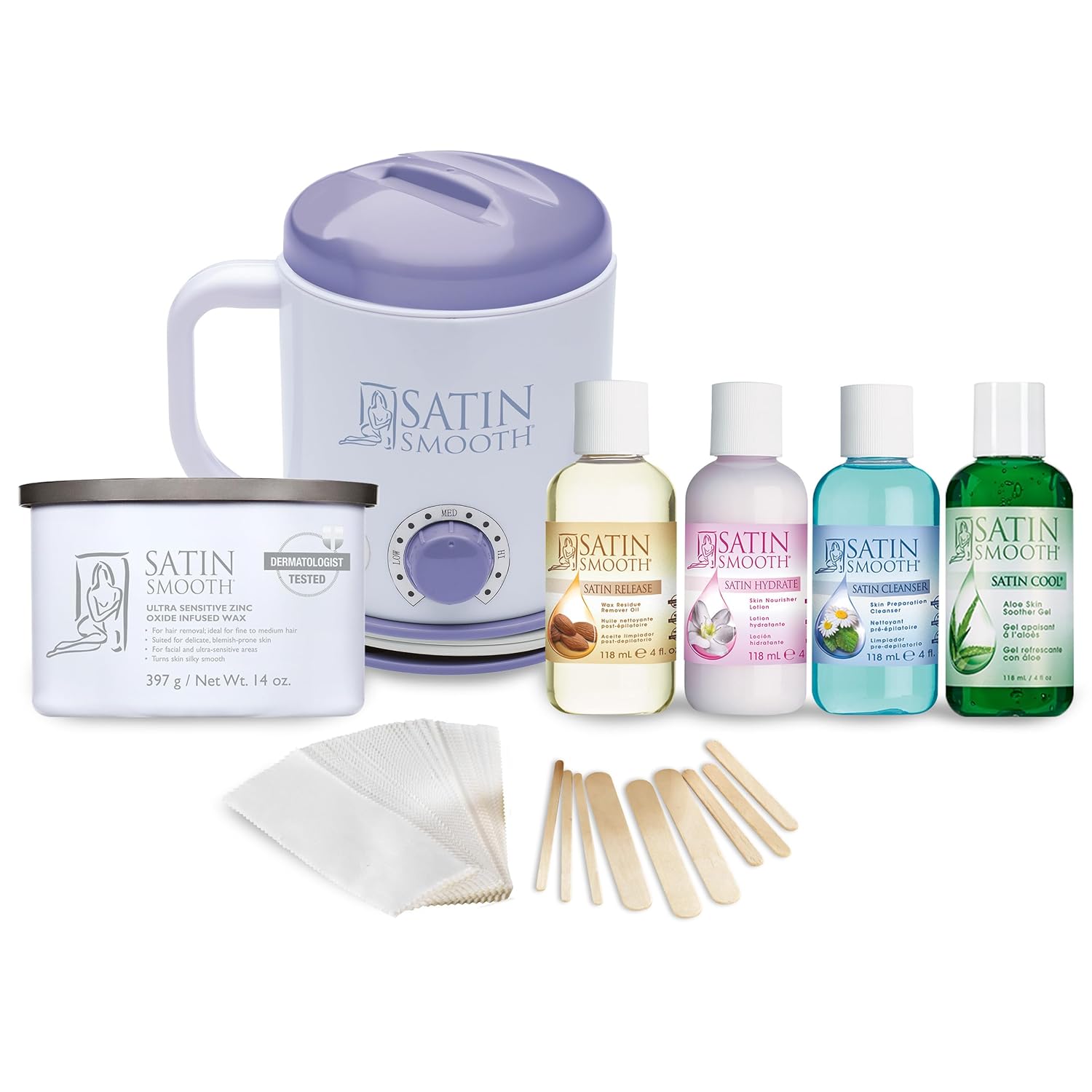 Satin Smooth Select-A-Temp™ Starter Kit - Adjustable Temperature Wax Warmer with Hair Removal Wax and Accessories, Professional Waxing Kit for Face and Body