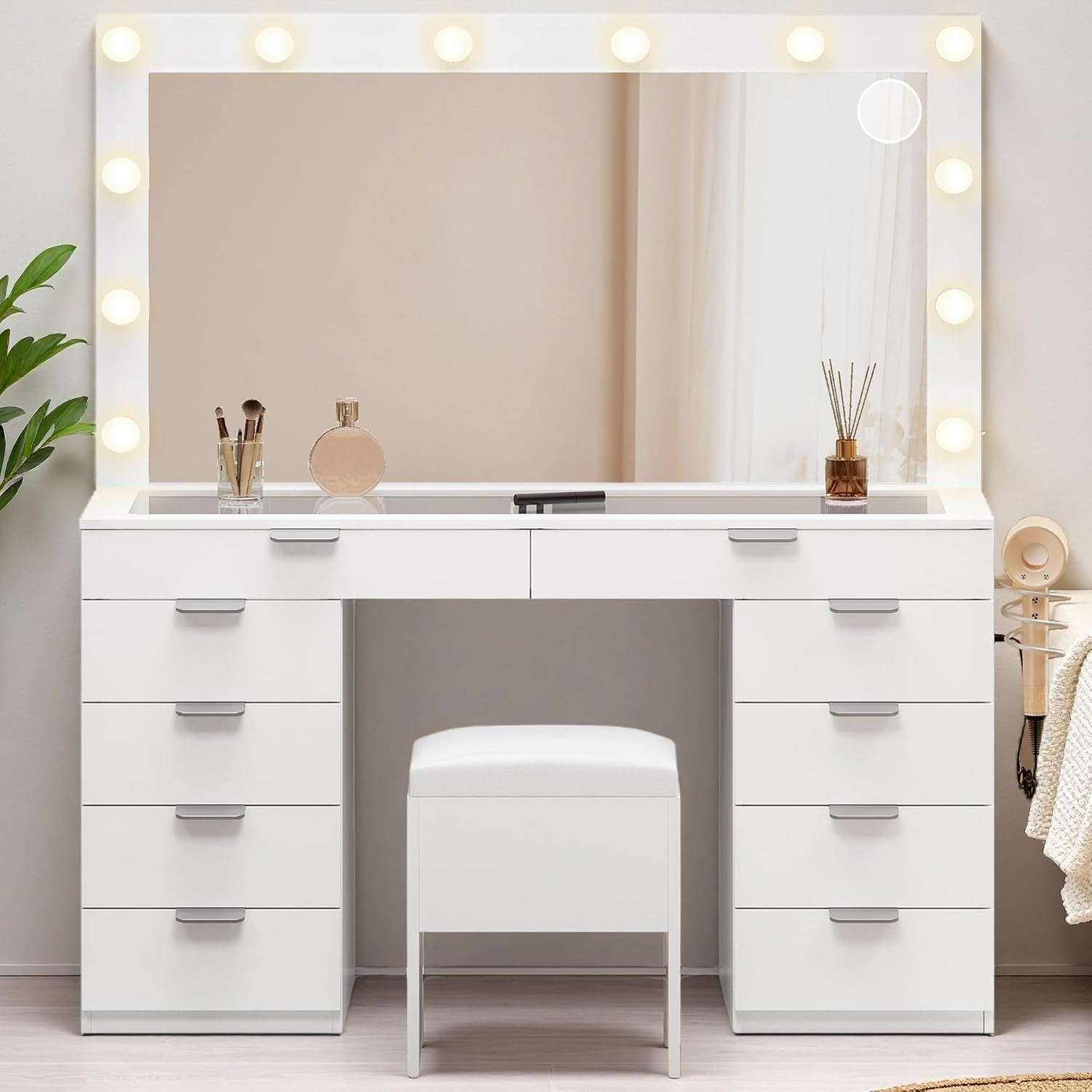 DWVO Vanity Desk Set with Mirror & Power Outlets, Vanity Table with Stool, 12 LED Bulbs, 3 Dimmable Light Colors, 10 Drawers, Hair Dryer Rack & Magnifying Mirror