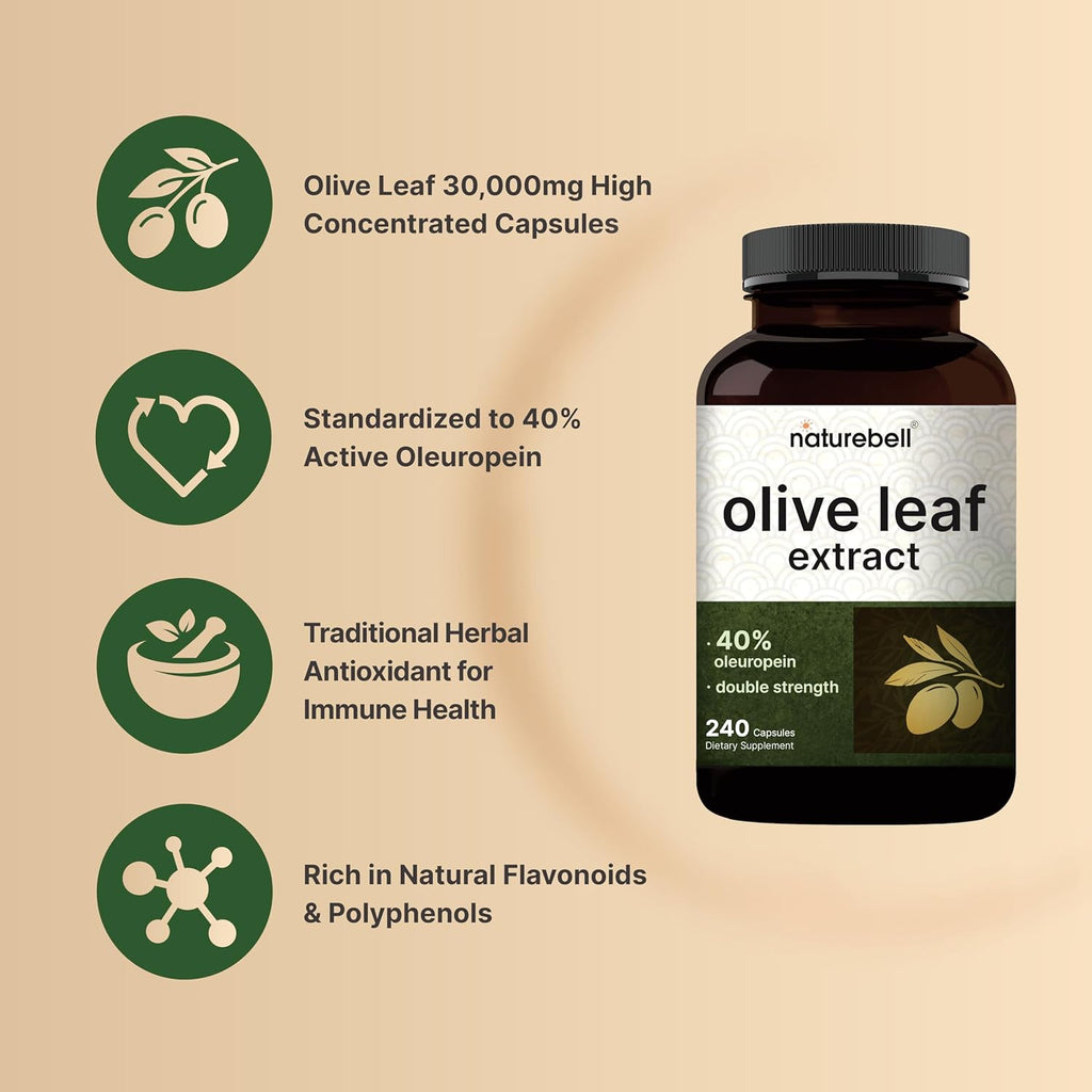 NatureBell Olive Leaf Extract 30000mg, 240 Capsules | 40% Active Oleuropein, 50:1 Herbal Equivalent ¨C Rich in Polyphenol & Flavonoid Antioxidants for Immune & Heart Health ¨C Non-GMO