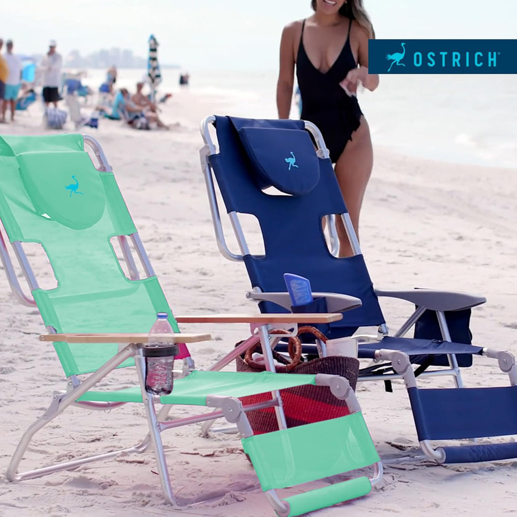 Ostrich Deluxe 3N1 Padded Beach Chair w/ Face Cushion Arm Holes, Teal - Lightweight Folding Recliner w/ Adjustable Backrest Footrest, Cup Holder, Side Utility Bag, 275 lb Weight Capacity