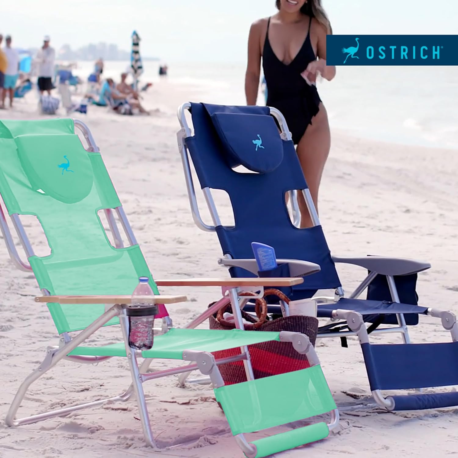 Ostrich Deluxe 3N1 Padded Beach Chair w/ Face Cushion Arm Holes, Teal - Lightweight Folding Recliner w/ Adjustable Backrest Footrest, Cup Holder, Side Utility Bag, 275 lb Weight Capacity