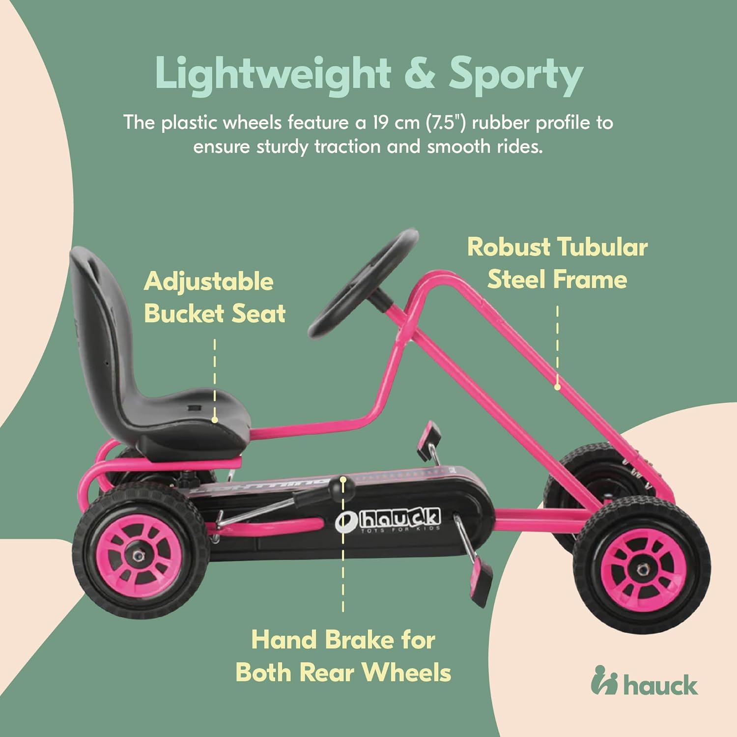 hauck Kids Pedal Go Kart, 4 Wheel Bike Cart, Ages 4-8, Lightning Ride, Pink - Outdoor Bicycle Karts with Plastic Wheels for Boys and Girls